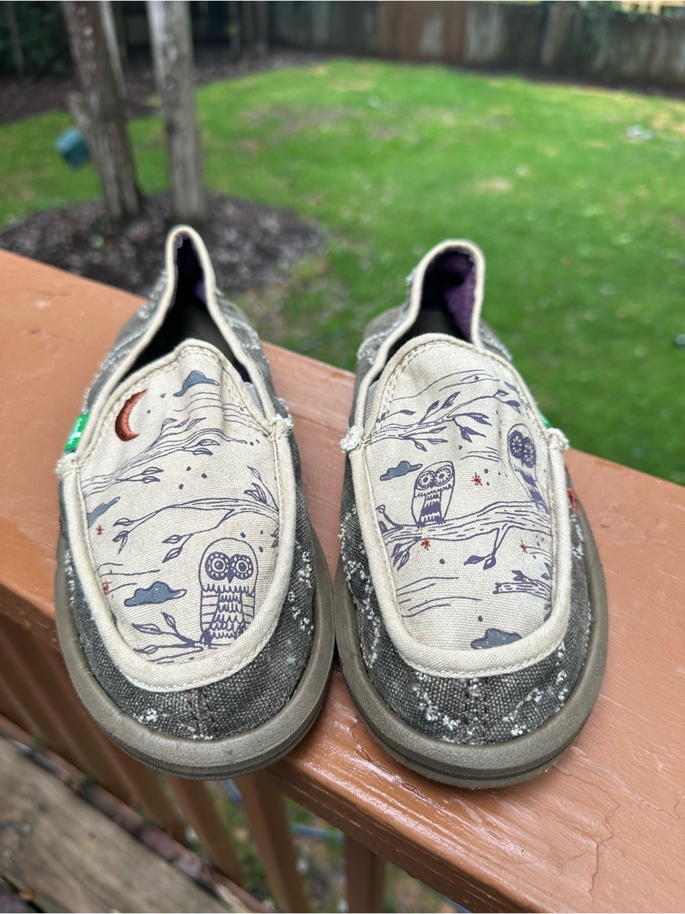 Sanuk canvas shoes with owl and moon pattern